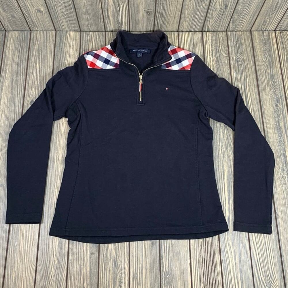 Tommy Hilfiger Women 1/4 Zip Sweater Sweatshirt Shoulder Patch Blue Classic Sz S
